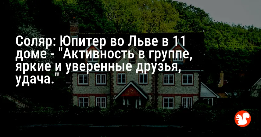 Соляр: Юпитер во Льве в 11 доме — «Активность в группе, яркие и уверенные друзья, удача.»