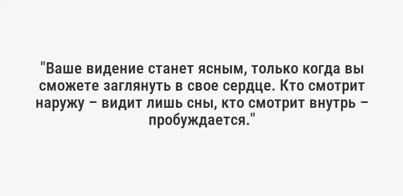 "Ваше видение станет ясным, только когда вы сможете заглянуть в свое сердце. Кто смотрит наружу – видит лишь сны, кто смотрит внутрь – пробуждается."