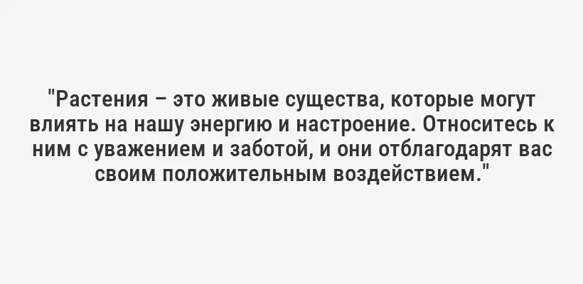 "Растения – это живые существа, которые могут влиять на нашу энергию и настроение. Относитесь к ним с уважением и заботой, и они отблагодарят вас своим положительным воздействием."