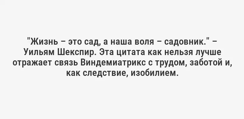 "Жизнь – это сад, а наша воля – садовник." – Уильям Шекспир. Эта цитата как нельзя лучше отражает связь Виндемиатрикс с трудом, заботой и, как следствие, изобилием.