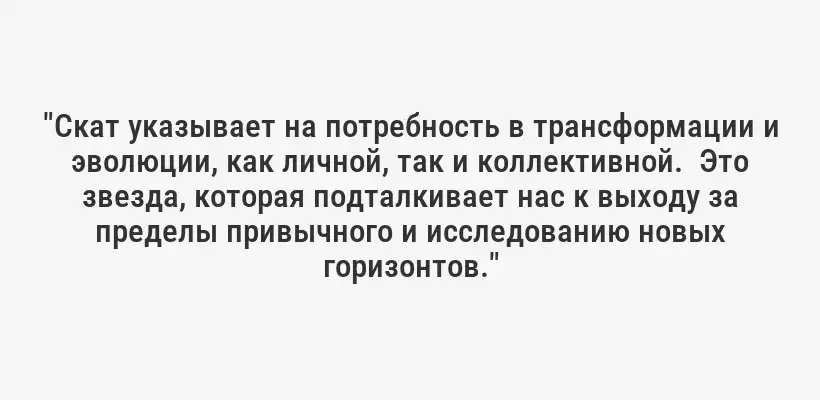 "Скат указывает на потребность в трансформации и эволюции, как личной, так и коллективной.  Это звезда, которая подталкивает нас к выходу за пределы привычного и исследованию новых горизонтов."