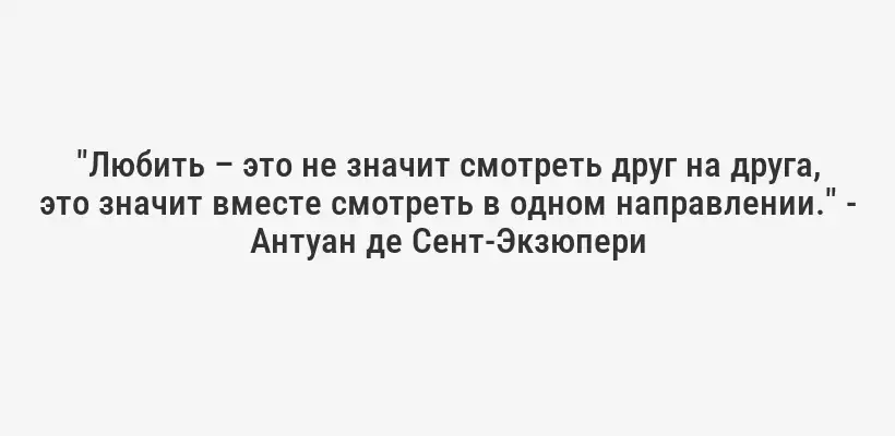 "Любить – это не значит смотреть друг на друга, это значит вместе смотреть в одном направлении." - Антуан де Сент-Экзюпери