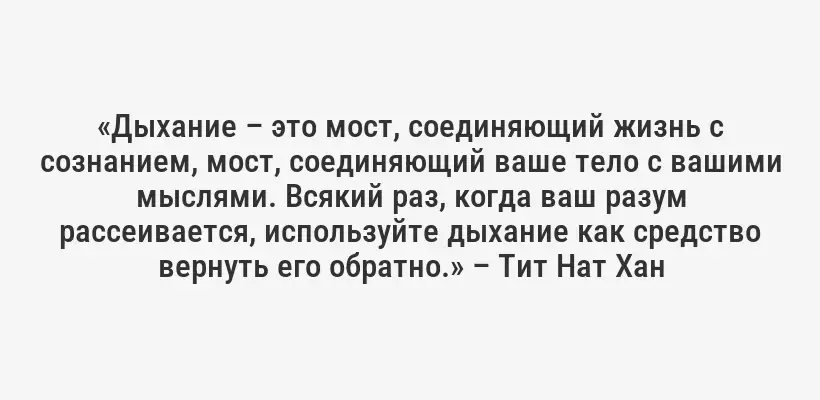 «Дыхание – это мост, соединяющий жизнь с сознанием, мост, соединяющий ваше тело с вашими мыслями. Всякий раз, когда ваш разум рассеивается, используйте дыхание как средство вернуть его обратно.» – Тит Нат Хан