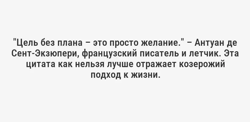 "Цель без плана – это просто желание." – Антуан де Сент-Экзюпери, французский писатель и летчик. Эта цитата как нельзя лучше отражает козерожий подход к жизни.
