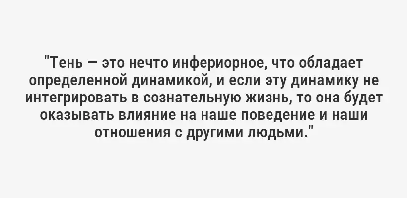 "Тень — это нечто инфериорное, что обладает определенной динамикой, и если эту динамику не интегрировать в сознательную жизнь, то она будет оказывать влияние на наше поведение и наши отношения с другими людьми."