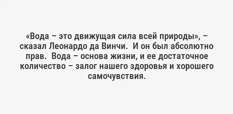 «Вода – это движущая сила всей природы», – сказал Леонардо да Винчи.  И он был абсолютно прав.  Вода – основа жизни, и ее достаточное количество – залог нашего здоровья и хорошего самочувствия.