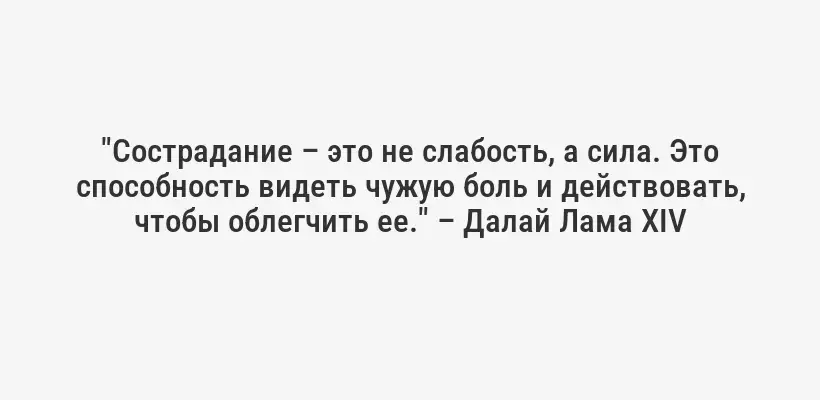 "Сострадание – это не слабость, а сила. Это способность видеть чужую боль и действовать, чтобы облегчить ее." – Далай Лама XIV