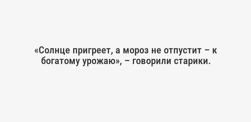 «Солнце пригреет, а мороз не отпустит – к богатому урожаю», – говорили старики.