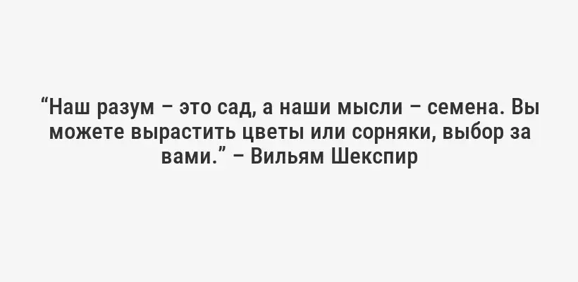 “Наш разум – это сад, а наши мысли – семена. Вы можете вырастить цветы или сорняки, выбор за вами.” – Вильям Шекспир