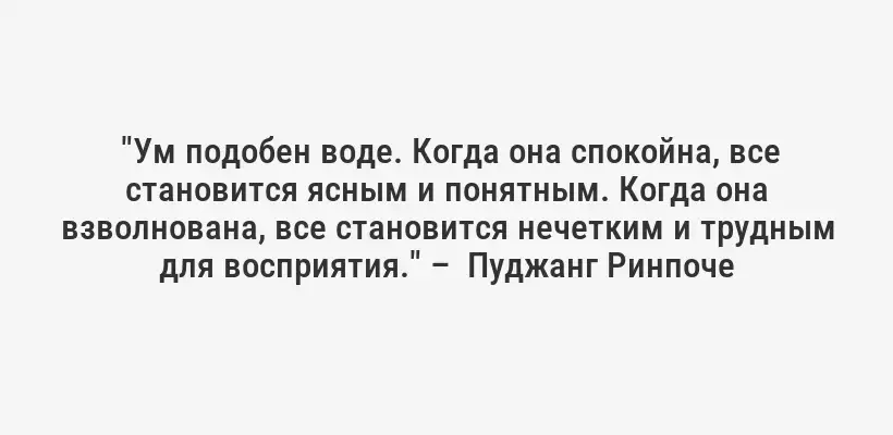  "Ум подобен воде. Когда она спокойна, все становится ясным и понятным. Когда она взволнована, все становится нечетким и трудным для восприятия." –  Пуджанг Ринпоче