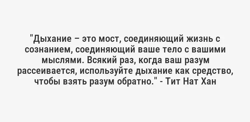"Дыхание – это мост, соединяющий жизнь с сознанием, соединяющий ваше тело с вашими мыслями. Всякий раз, когда ваш разум рассеивается, используйте дыхание как средство, чтобы взять разум обратно." - Тит Нат Хан