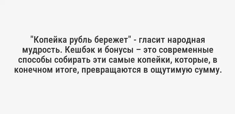 "Копейка рубль бережет" - гласит народная мудрость. Кешбэк и бонусы – это современные способы собирать эти самые копейки, которые, в конечном итоге, превращаются в ощутимую сумму.