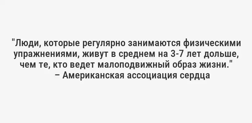 "Люди, которые регулярно занимаются физическими упражнениями, живут в среднем на 3-7 лет дольше, чем те, кто ведет малоподвижный образ жизни."
– Американская ассоциация сердца