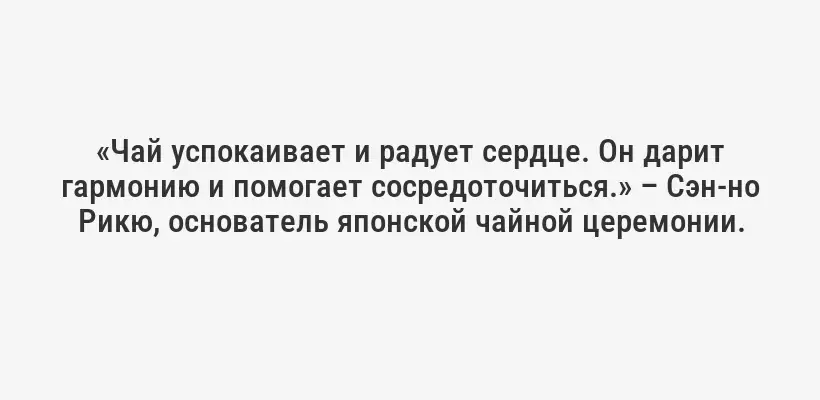 «Чай успокаивает и радует сердце. Он дарит гармонию и помогает сосредоточиться.» – Сэн-но Рикю, основатель японской чайной церемонии.