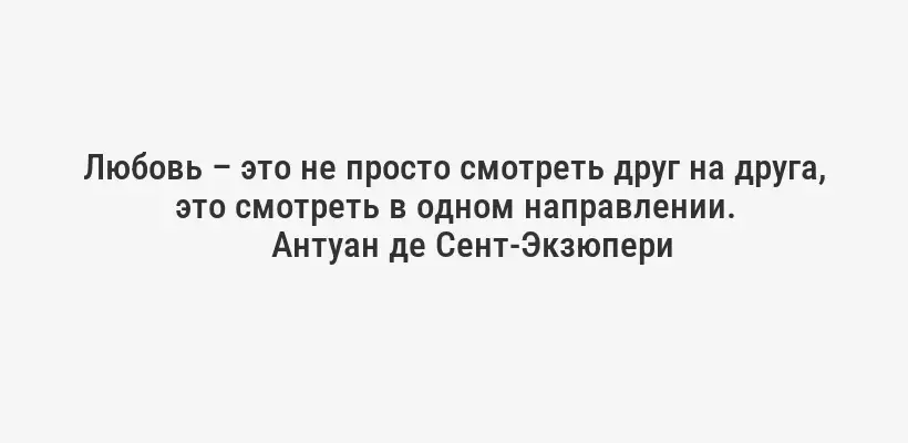 Любовь – это не просто смотреть друг на друга, это смотреть в одном направлении.
Антуан де Сент-Экзюпери