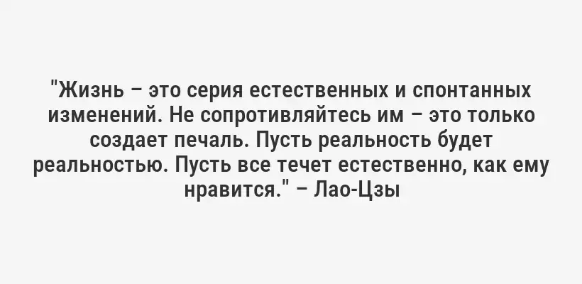 "Жизнь – это серия естественных и спонтанных изменений. Не сопротивляйтесь им – это только создает печаль. Пусть реальность будет реальностью. Пусть все течет естественно, как ему нравится." – Лао-Цзы