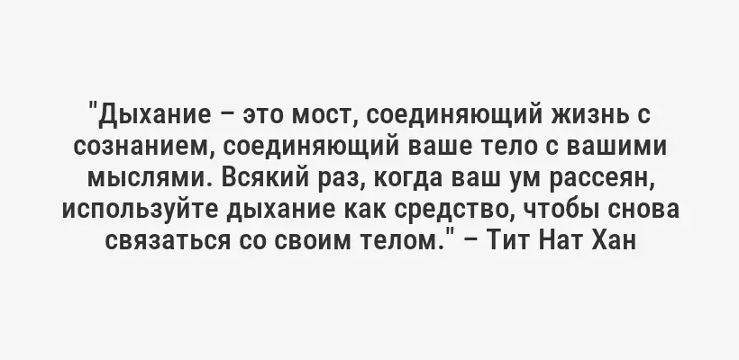 "Дыхание – это мост, соединяющий жизнь с сознанием, соединяющий ваше тело с вашими мыслями. Всякий раз, когда ваш ум рассеян, используйте дыхание как средство, чтобы снова связаться со своим телом." – Тит Нат Хан